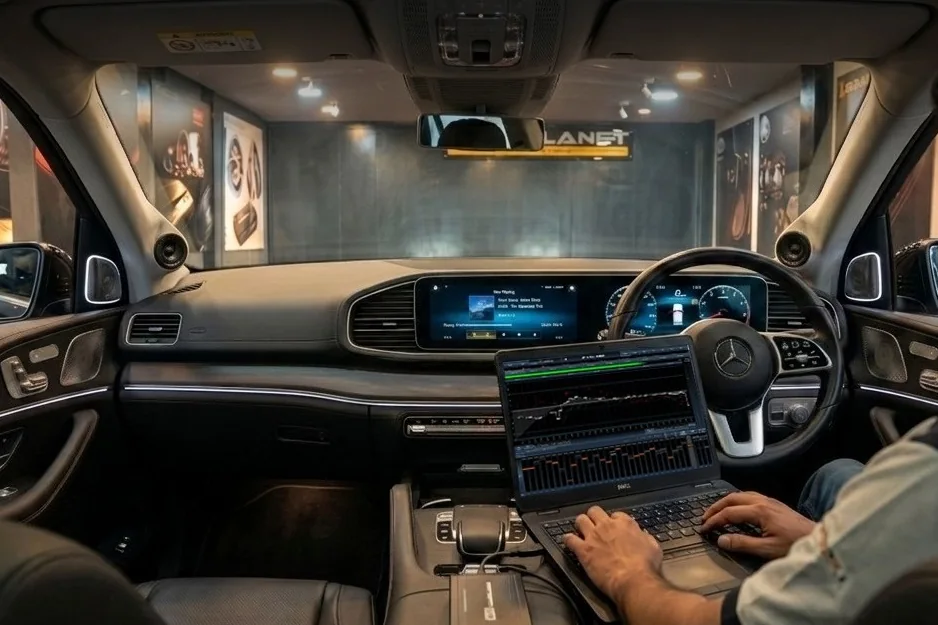 A technician at a laptop inside a Mercedes cabin, response curves on screen, calibrating the DSP