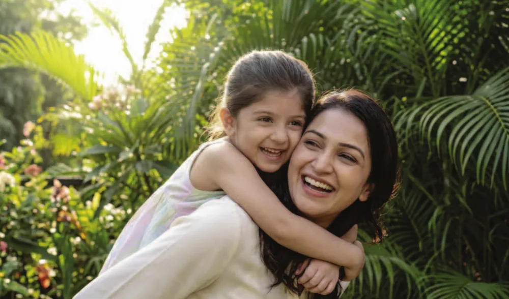 A mother and daughter laughing in a garden