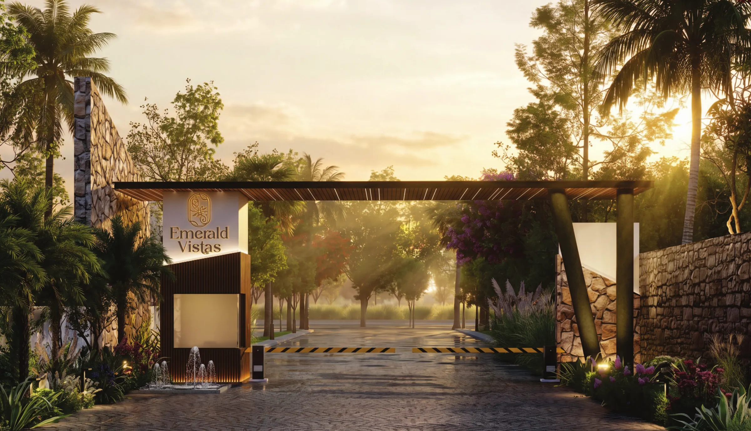 The Emerald Vistas entrance portal at dusk