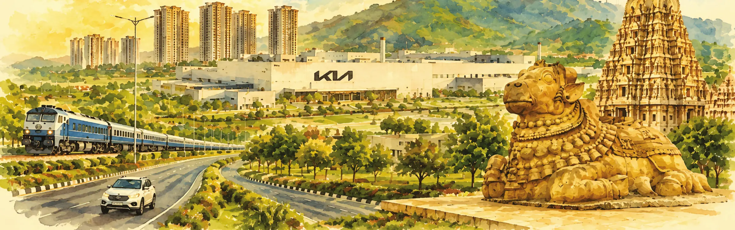 Watercolour of Hindupur: the railway, the KIA plant, wind farms, the Lepakshi Nandi and temple
