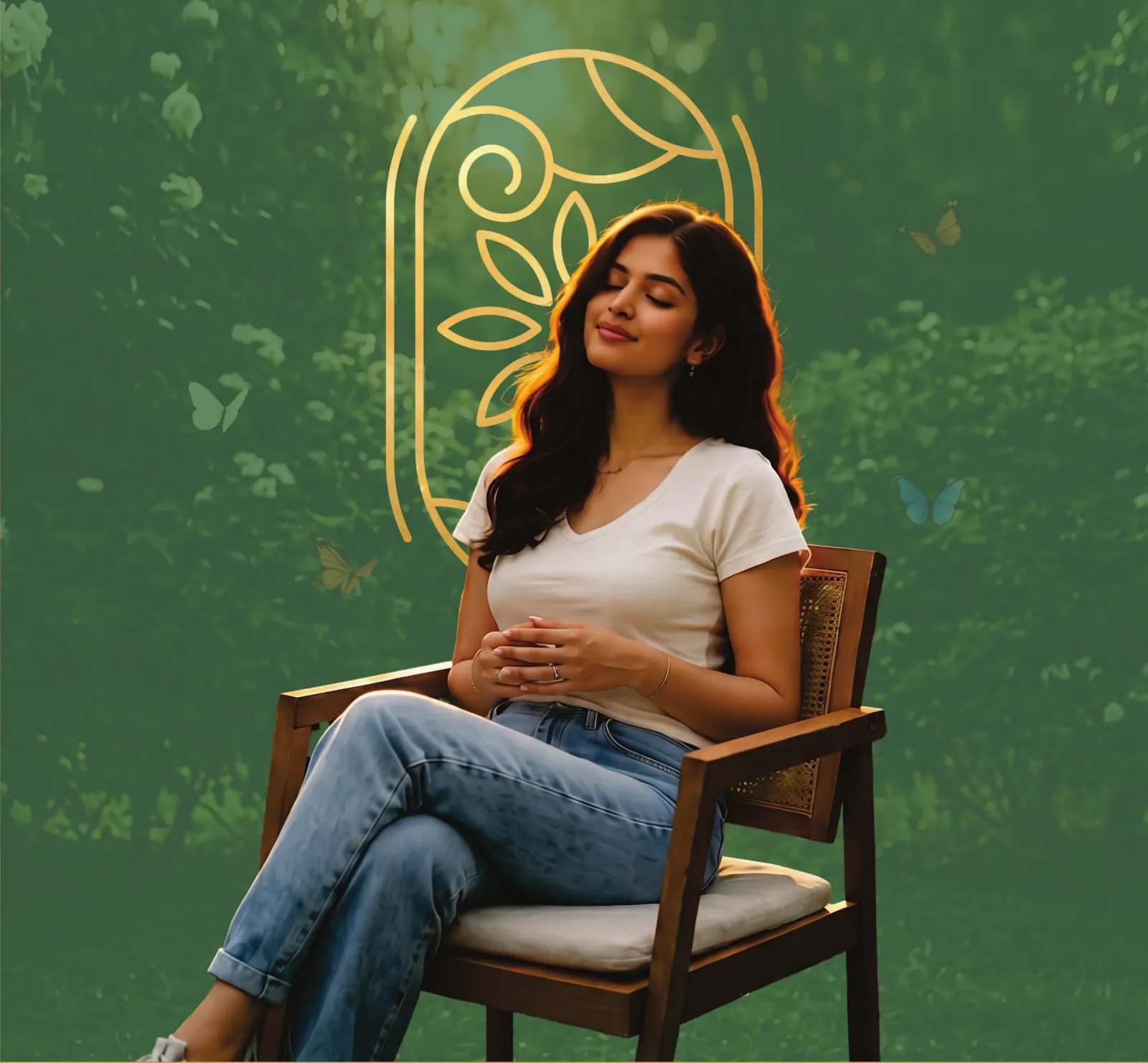 A woman resting in a garden chair under a gold arch